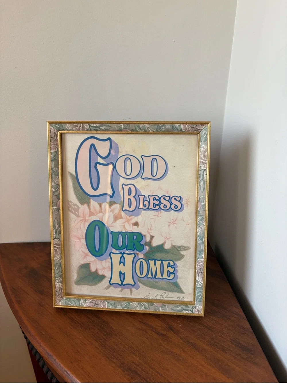 God Bless Our Home Framed Christian Floral Print in Vintage Frame
